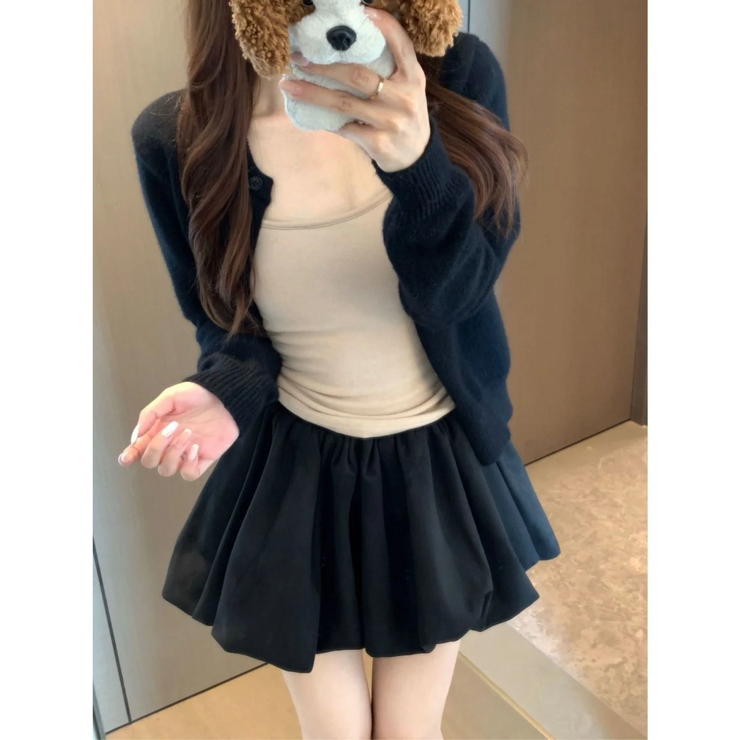 Retro High Waist Puffy Half Skirt Women's Spring Autumn Outerwear Inner Match A-Line Short Skirt Korean Style Warmth Polyester