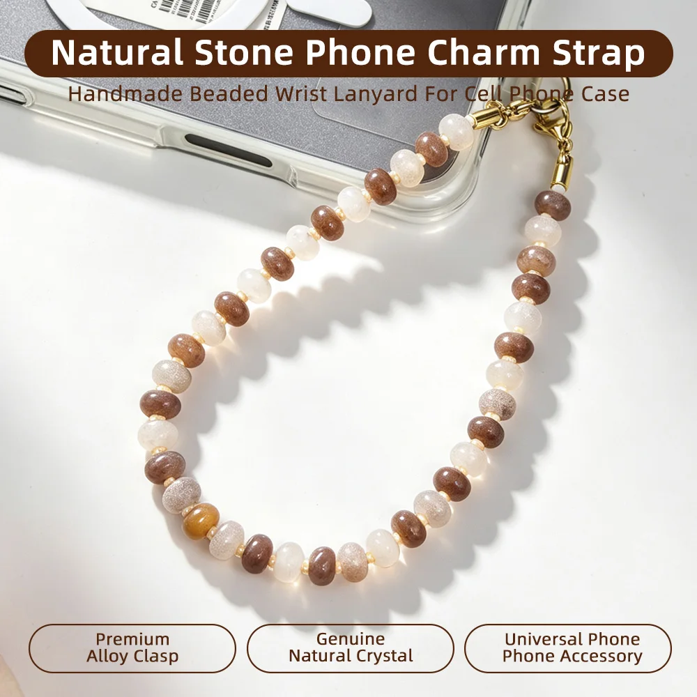

MQIQI Handmade Natural Gemstone Crystal Bead Mobile Phone Camera Lanyard Violet Natural Stone Wallet Keychain Decoration