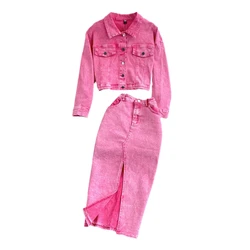 2024 New Spring Autumn Women Rose Red Denim Skirt Suits Turndown-Collar Short Jacket And Sexy Split Long Skirts Two Piece Set