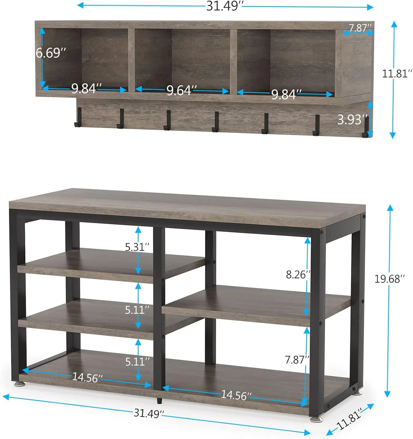 Coat Ra Shoe Bench Set Industrial, Hall Tree With 3 Storage Cubbies, 7 Hooks For Entryway, Hallway, 5-In-1Design, Vintage Grey