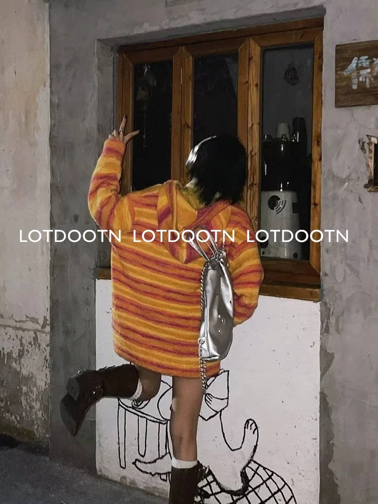 LOTDOOTN strisce colorate felpa con cappuccio lavorata a maglia allentata donna Y2K maglioni invernali Vintage Casual coreano Harajuku Pullover