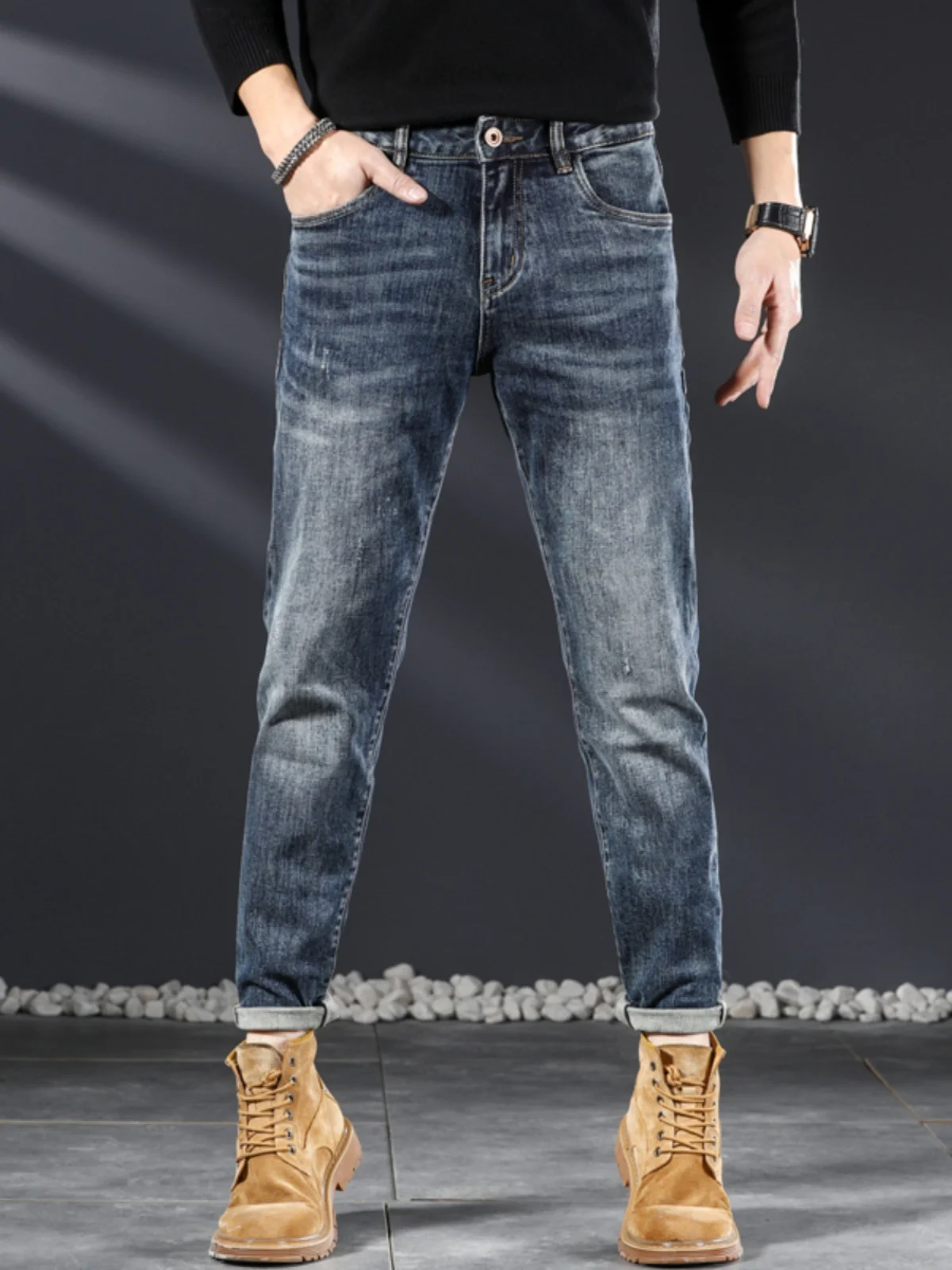 

Trendy High-End Vintage Spring Autumn Men's Slim Fit Straight Leg Stretch Casual Long Jeans Korean Sle Faion