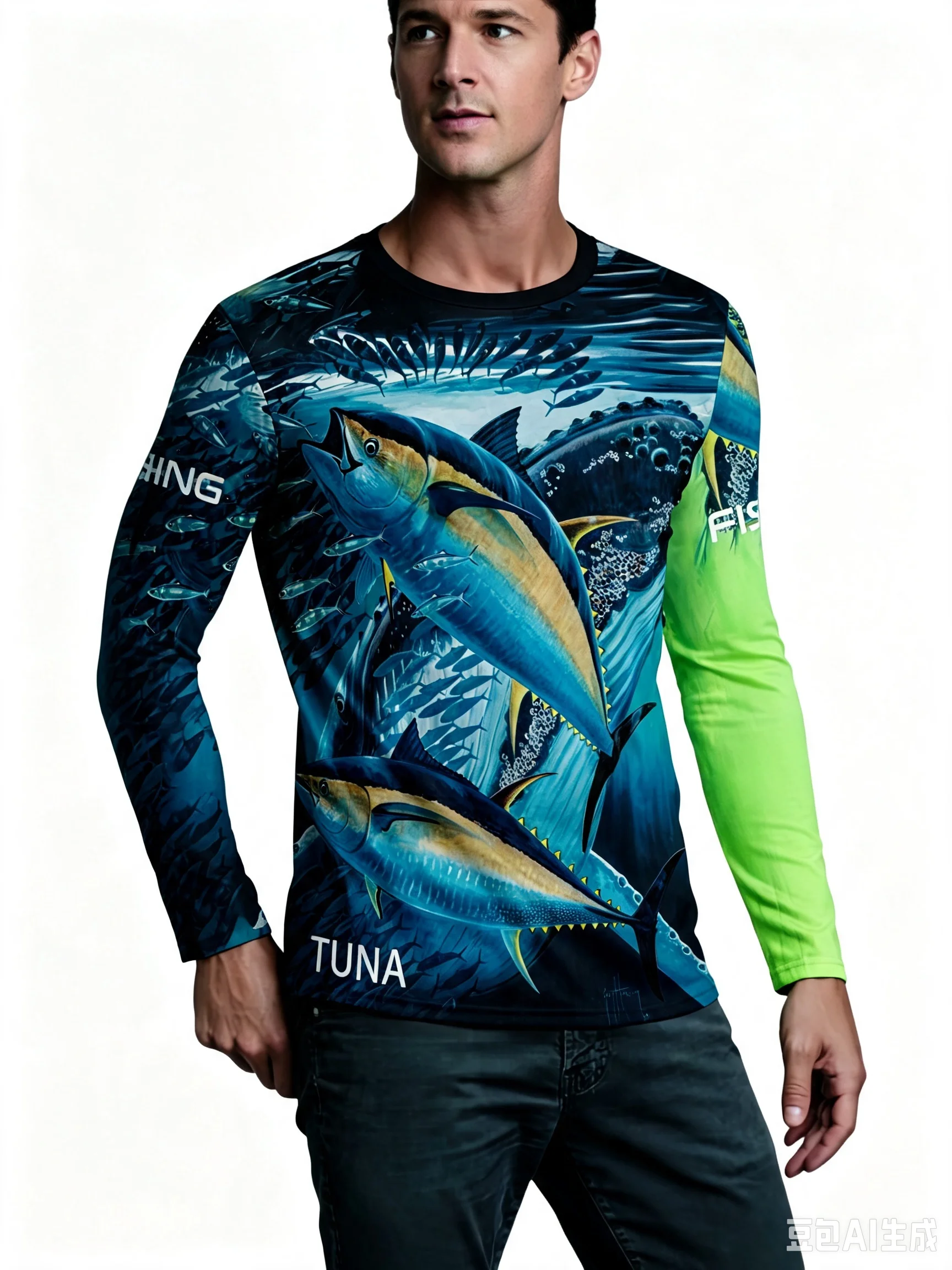 Men’s Tuna Fishing Graphic Long Sleeve T-Shirt Ocean Print Casual Outdoor Crew Neck Top Spring Autumn Thin Lightweight Pullover