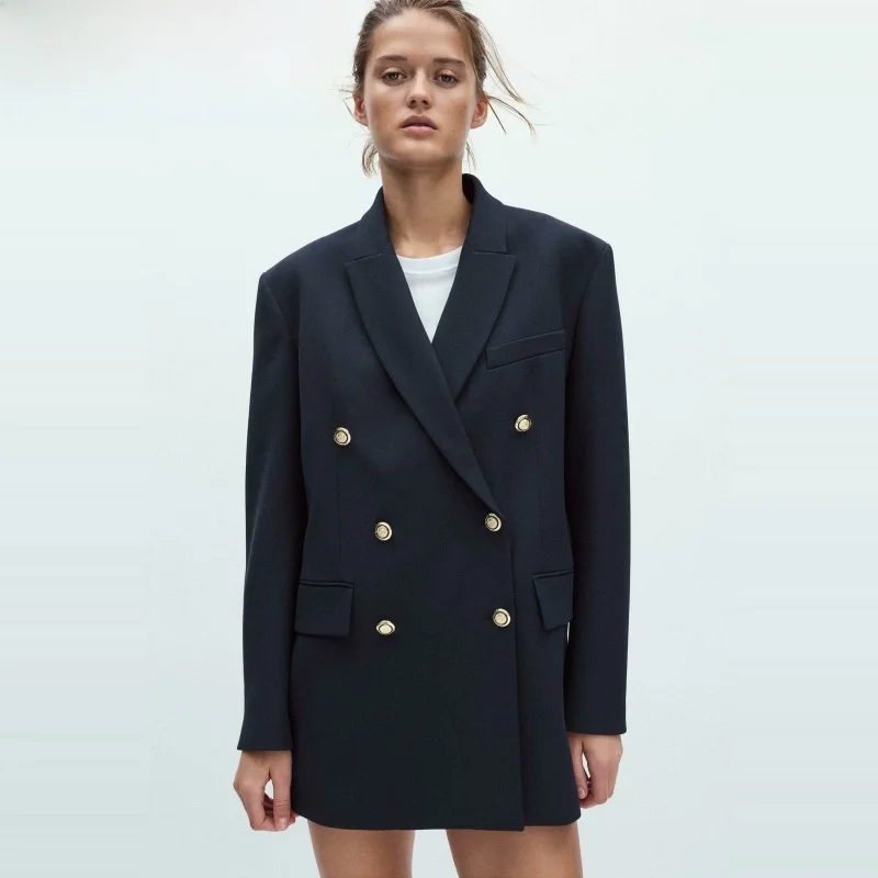 

Spring 2025 Women's Double-Breasted Long-Sve Loose Fit oulder-Padded Notch Collar Suit Jaet New Arrival Commute Sle