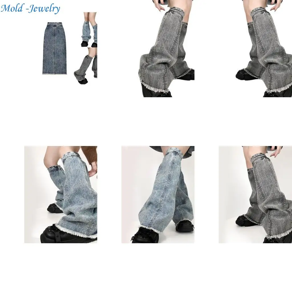 

69HB Punk Leg Warmer with Elastic Cuffs Harajuku Washed Jeans Flared Leg Cover Socks