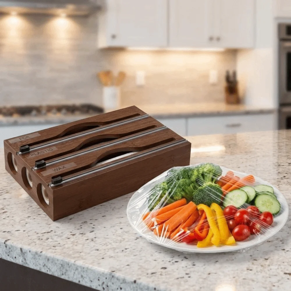 Bamboo Cling Film Cutter Box Wall Mounted Refillable Tin Foil Cutter 2 /3 Grids Minimalist Fresh Bag Cutting Holder