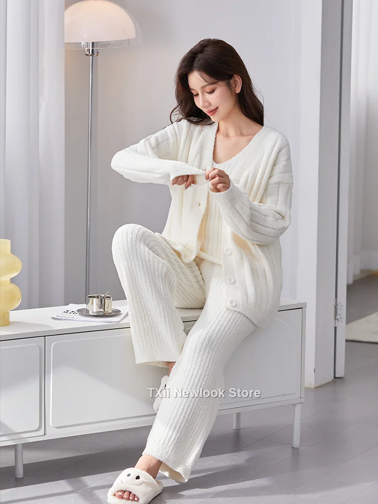 Pajamas Women\'s Winter New Half-side Velvet Three-piece Set Sling Nightgown Pants Thickened Internet Popular Style Home Clothes