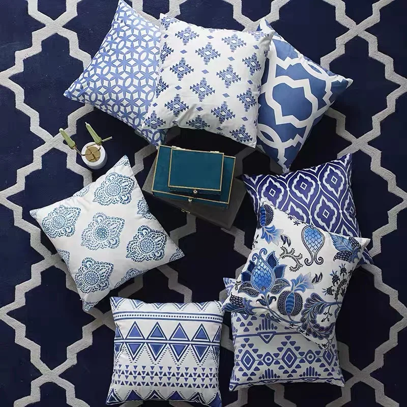 

Simple Blue Blue and White Pottery Geometric Pattern Pillow Cover Sofa Cushion Cover Home Decoration