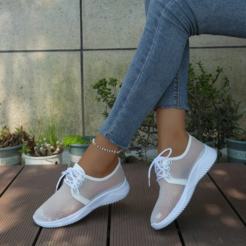 Women's Sneakers Round Toe Lace-Up Sheer-Look Upper Casual Low Heel Sporty Silhouette Textured Outsole Leisure Walking Shoes view 3