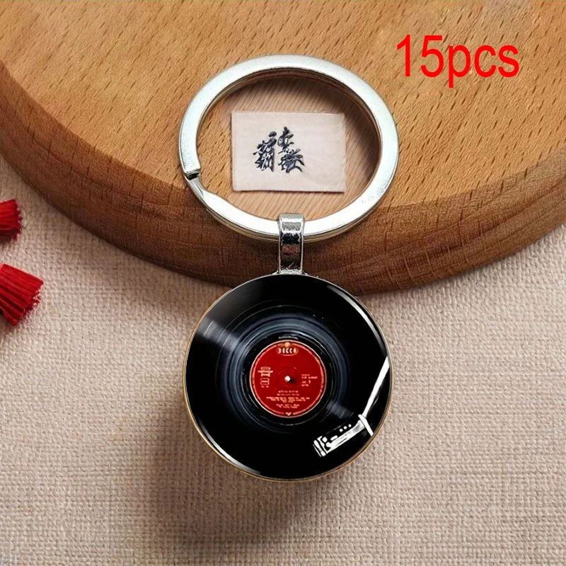 15pcs Retro punk cool record convex circular glass pendant keychain