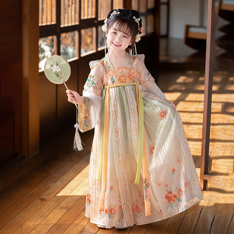 

Ancient Chinese Dresses for Children Spring Tang Dynasty Baby Girls Embroidery Purple Orange Pink Hanfu Han Element Ru Skirts