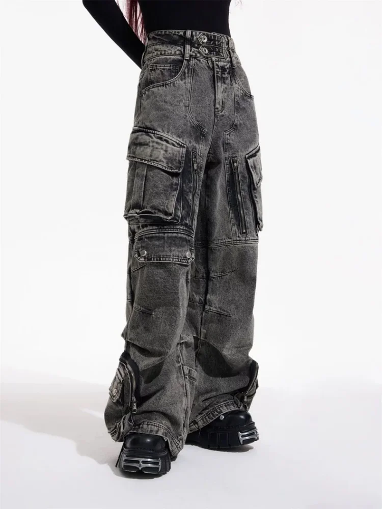 Trashy Y2K 2000S Streetwear Vintage Grau Baggy Plissee Cargo Jeans Hosen Für Frauen Kleidung Multi Taschen Breite Bein Dame Hosen