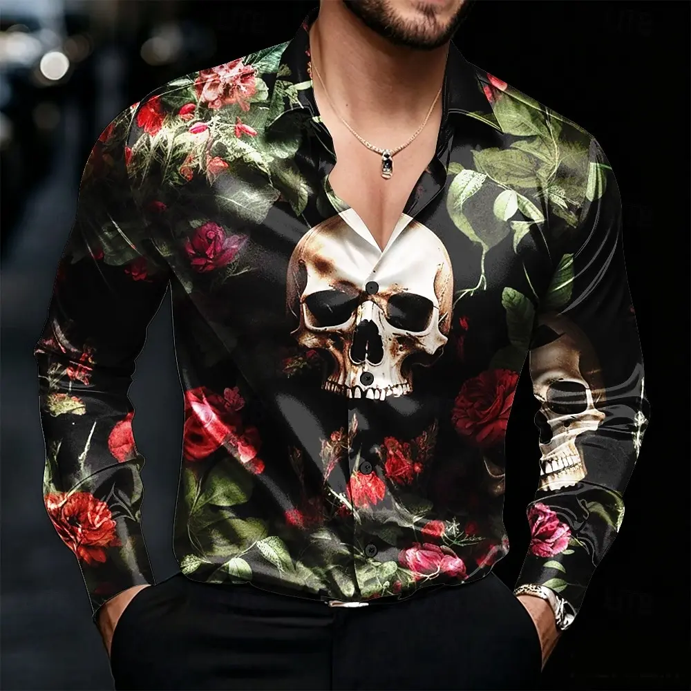 Halloween Men's Rose Skulls Long Sleeve Casual Horror Dark Vacation Party Evening Wear Dailywear Spring Fall Collared Shirt