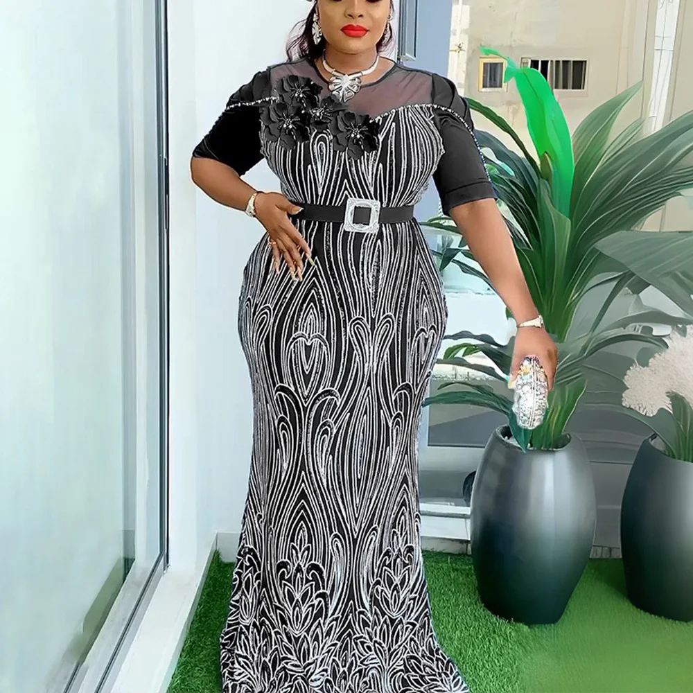 

Luxury African Dresses for Woman Transparent Half Sleeve Mermaid Floor Length Elegant Birthday Party Dinner Vestidos Mujer Cloth