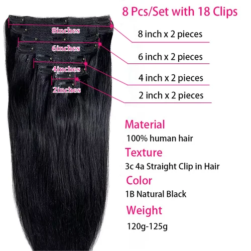 Imagen 2 del producto 120G 8 unids/set Clip en extensiones de cabello cabello humano 10 a 26 pulgadas cabello liso Remy brasileño Natural negro 4 613 colores para mujeres