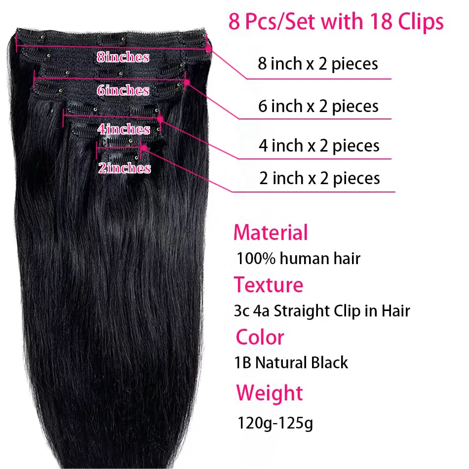 120G 8 Piezas/Set de Extensiones de Cabello con Clip, Cabello Humano Brasileño Remy Lacio de 10 a 26 Pulgadas, Color Negro Natural 4 y 613 para Mujeres 2