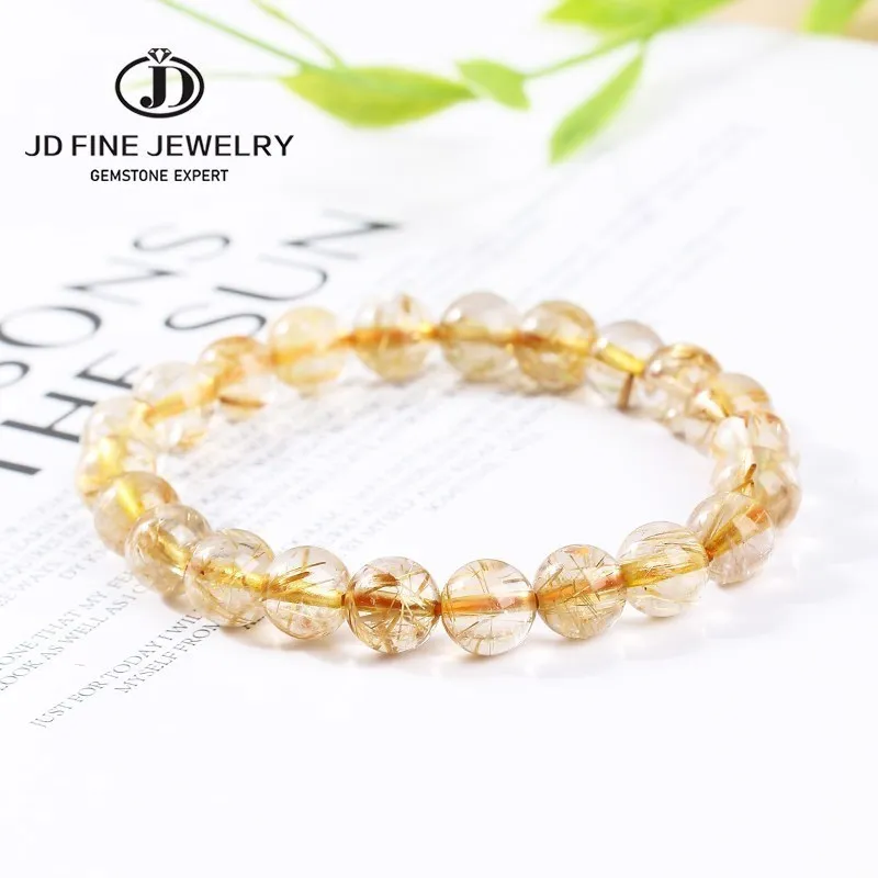 JD Natural Ice Gold Color Rutilated Quartz Bead Bracelet Women Fashion Reiki Healing Crystal Clear Bead Strand Bangles Gifts