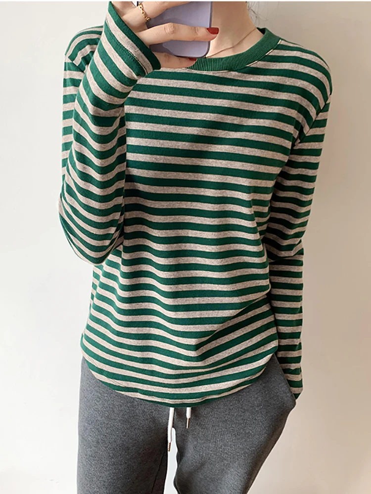 AOSSVIAO Basic Striped T-shirt Women Multi Colors Casual Cotton Stretchy Long Sleeve Tops Spring Autumn Loose Tee Shirt Femme