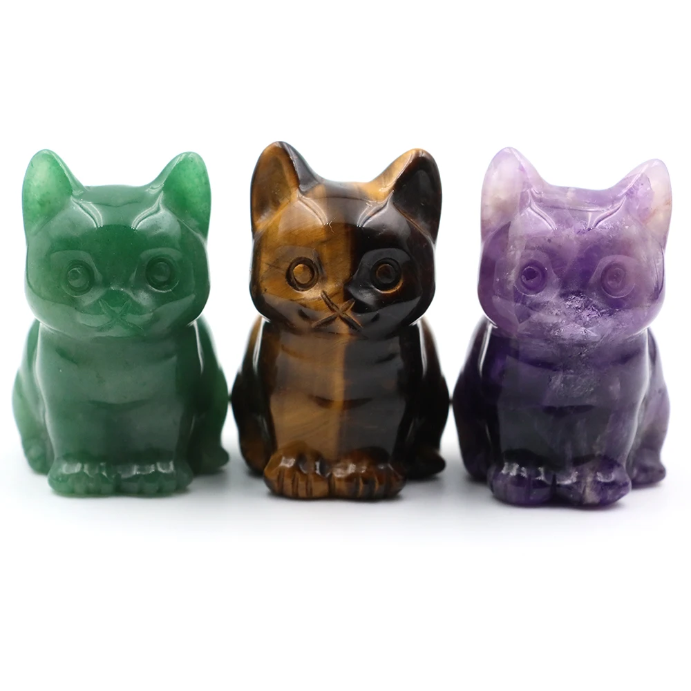 

1.8" Cute Cat Statue Natural Stone Crystal Hand Carved Healing Animal Figurine Reiki Gemstone Craft Home Decoration Holiday Gift