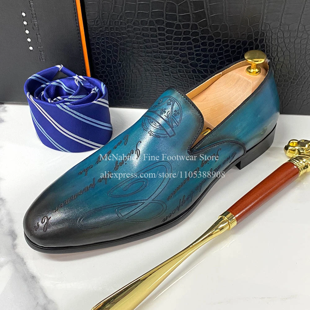 

Blue Gradient Script Engraved Leather Loafers Men Round Toe Slip on Classic Formal Shoes Business Wedding Dress Shoes for Men