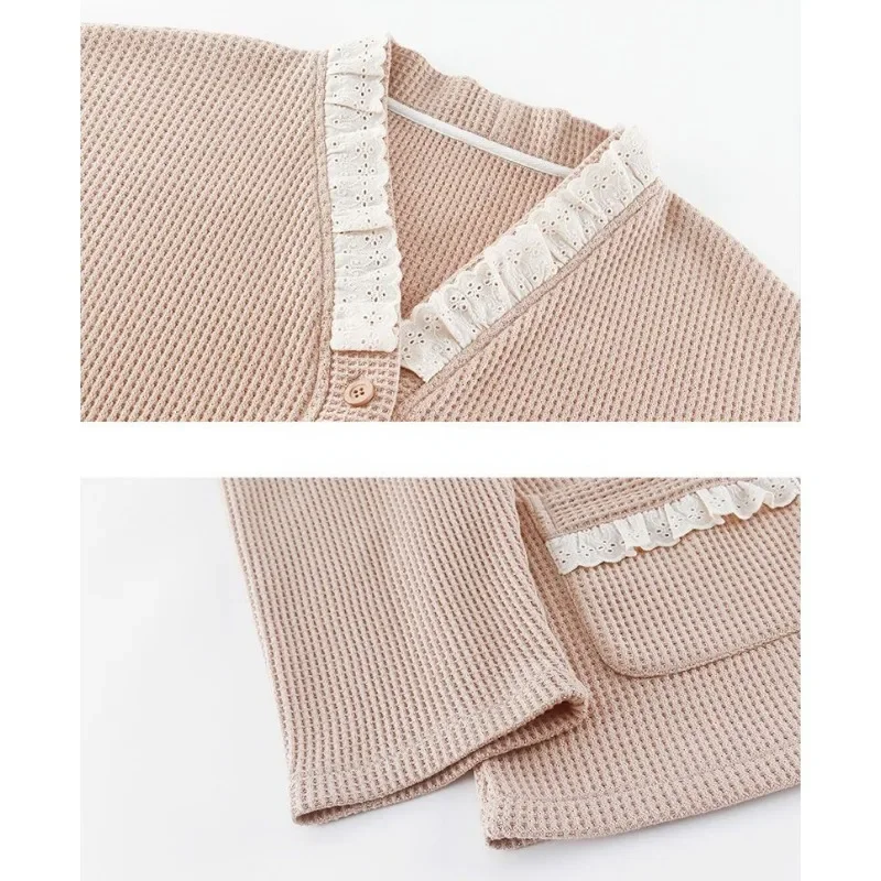 Women 2023 New 100% Pure Cotton Pajamas Spring Autumn V-neck Loungewear Long Sleeved Pants Lace Loose Tassels Homewear Set