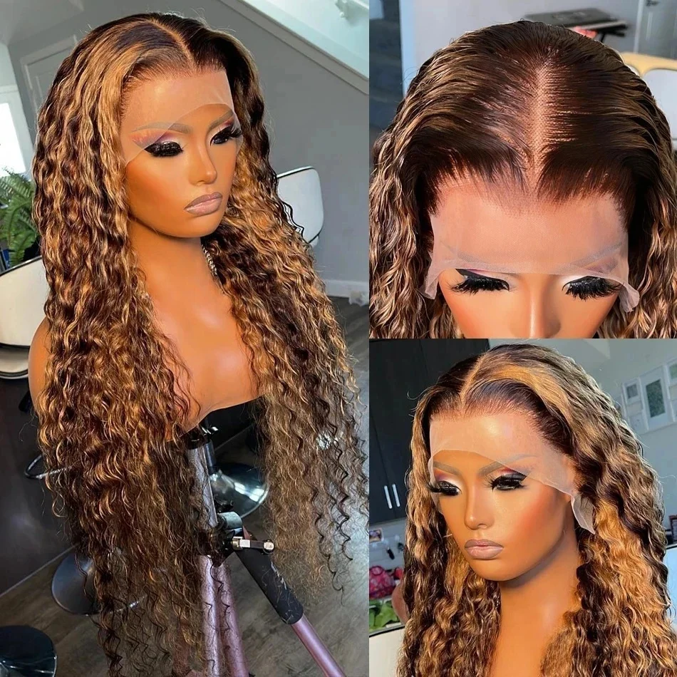 

Коричневый парик с эффектом хайлайт, 26 дюймов, плотность 180%, мягкий, предварительно проработанный, кудрявый, с кружевной передней частью, синтетический, с детским волосом, без клея, для повседневного ношения