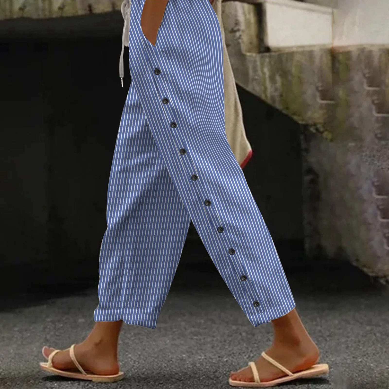 Summer Casual Comfortable Pants Women Striped Loose Fit Pants with Side Buttons Pockets Mid-rise Elastic Drawstring Cropped Pant