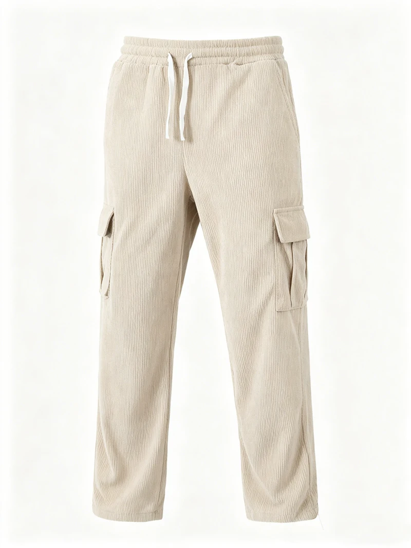 Herren Cord-Cargohose mit Elastischem Bund und Kordelzug, Lässige Hose mit Seitentaschen, Gerades Bein für Frühling und Herbst – Detail 16