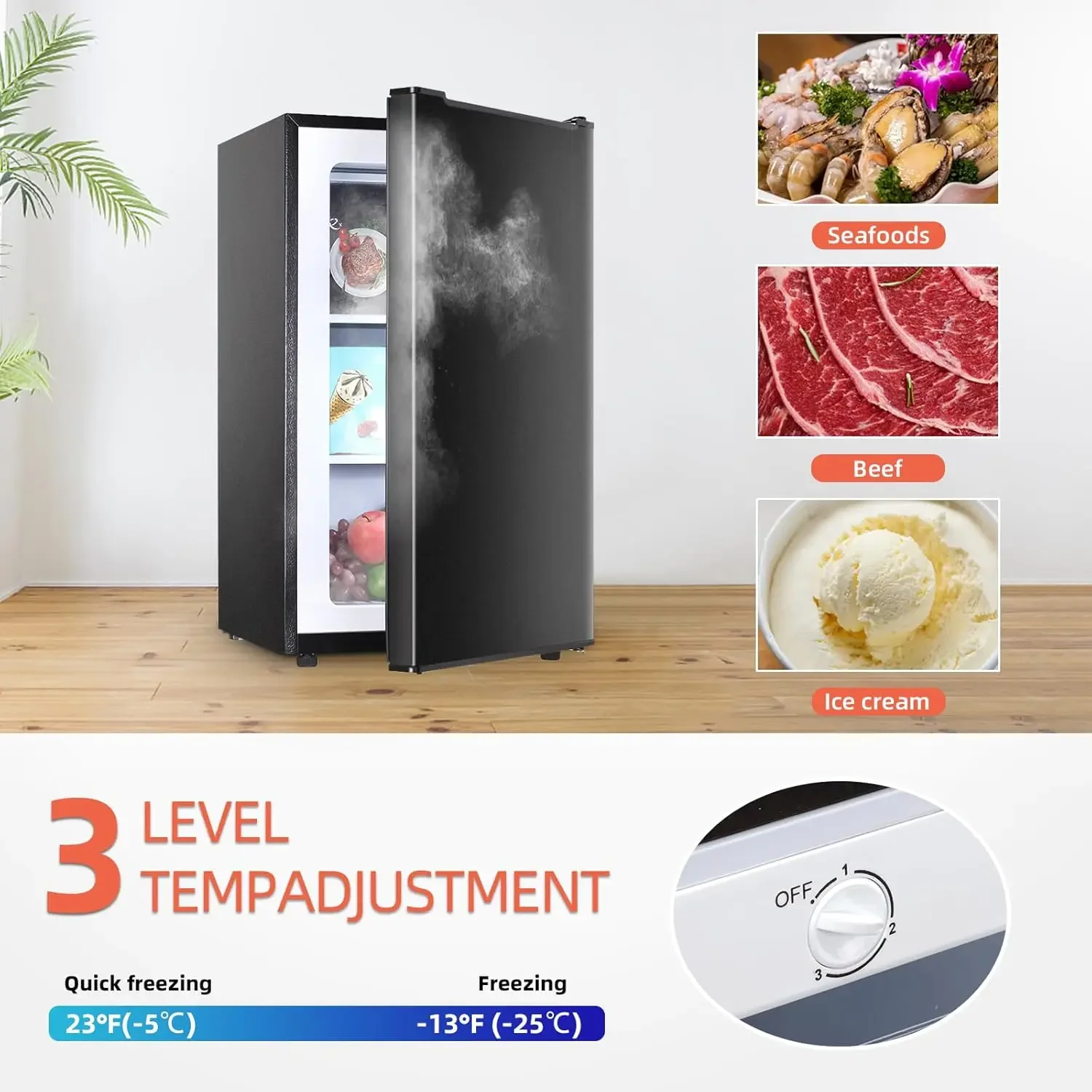 Upright freezer 3.6 Cu.ft, Compact Mini Freezer with Reversible Door, 3 Adjustable Thermostat, Quiet Stand Up Freezer for Apartm