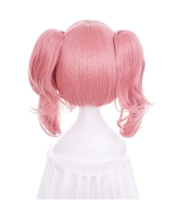 Wig Cosplay Chip ekor kuda Pink pendek rambut sintetis keriting