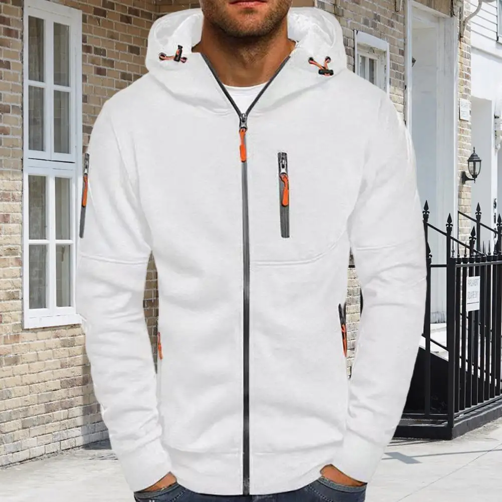 

Men Hooded Coat Solid Color Coat Men's Fall Winter Hoodie with Zipper Pockets Hooded Cardigan for Daily Wear Loose Fit Long