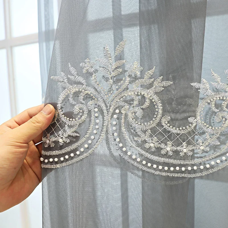 Modern Simple Luxury Gray Beaded Embroidered Window Screen Translucent Gauze Curtains for Living Dining Room Bedroom Custom