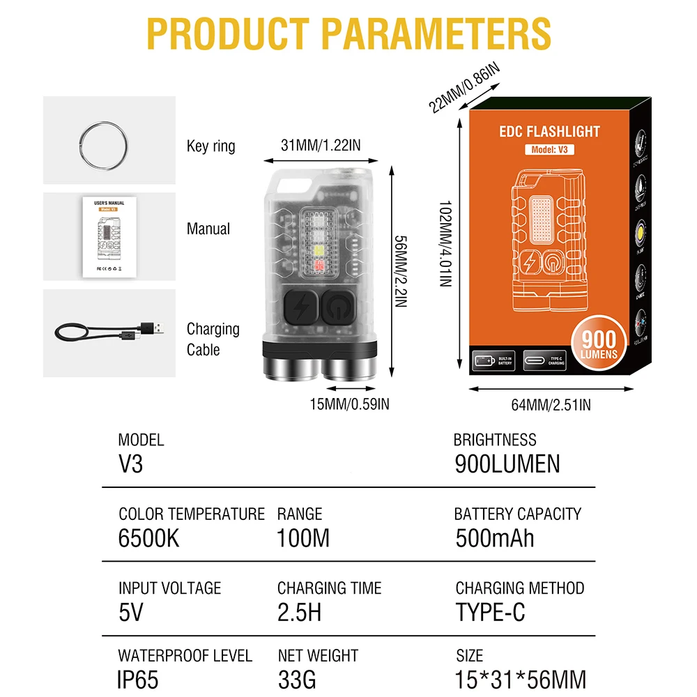 BORUiT V3 EDC sleutelhanger LED-zaklamp 900 lumen mini-zaklamp Type-C oplaadbare werklamp met magneet UV-campingzaklantaarn