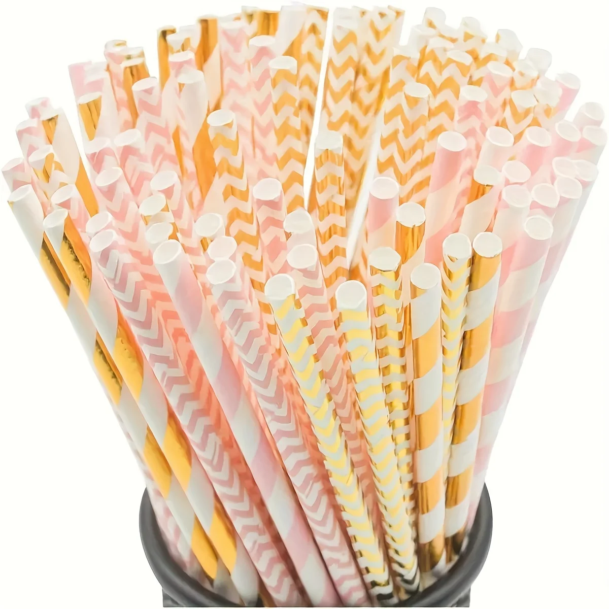 25/50pcs Pink & Golden Striped Biodegradable Paper Straws Set for Juices Cocktails Smoothies Eco-Friendly Drinkware Accessory