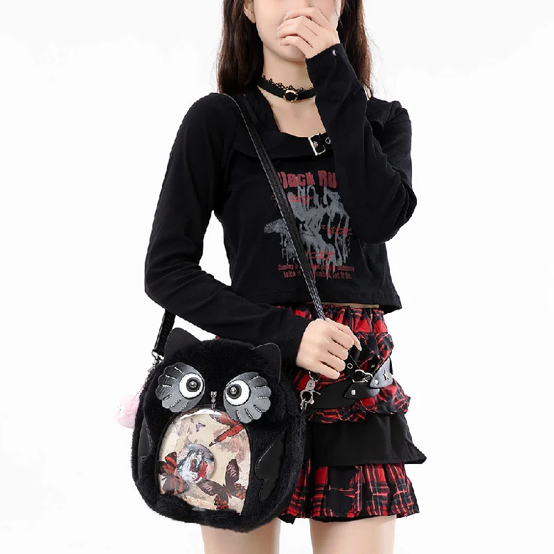 

Милая черная плюшевая сумка-ита в виде совы, пушистая сумка через плечо с прозрачным окном, кавайная мультяшная сумка-мешок для демонстрации значков