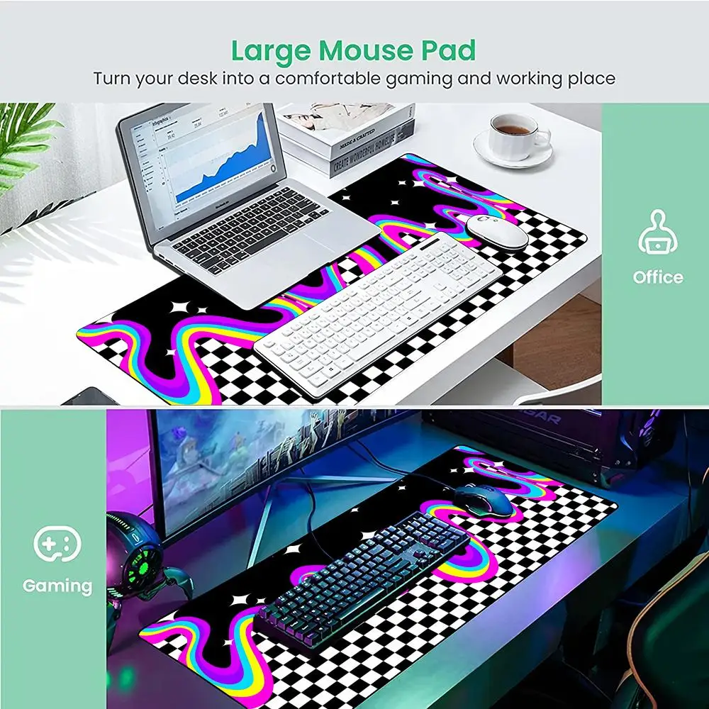 Schwarz-weiße Karomuster und farbenfrohe Linien, Mauspad, Schreibtischunterlage mit genähtem Rand, rutschfestes PC-Zubehör, Gaming-Matten