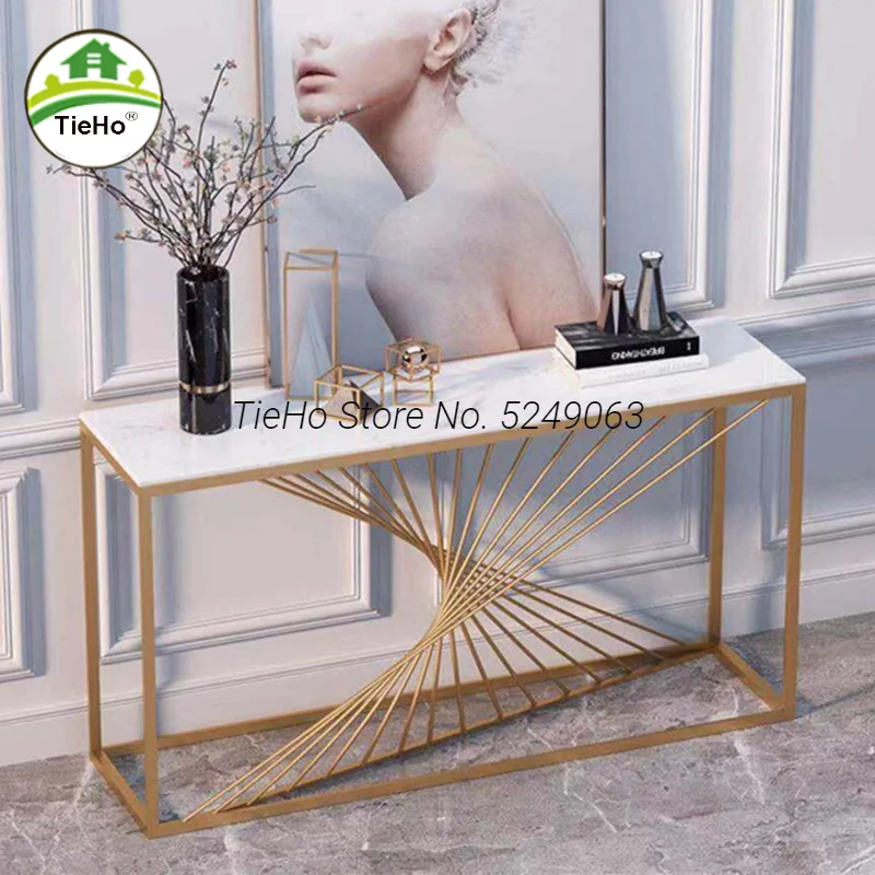 

Nordic Minimalist Marble Console Porch Table Golden Iron Light Luxury Decoration Porch Cabinet Living Room End Table Entrance