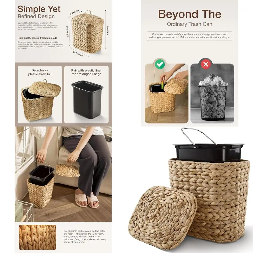 

Large Boho-Style Wicker Trash Bin with Lid - 2 Gallon Capacity for Home & Office Use