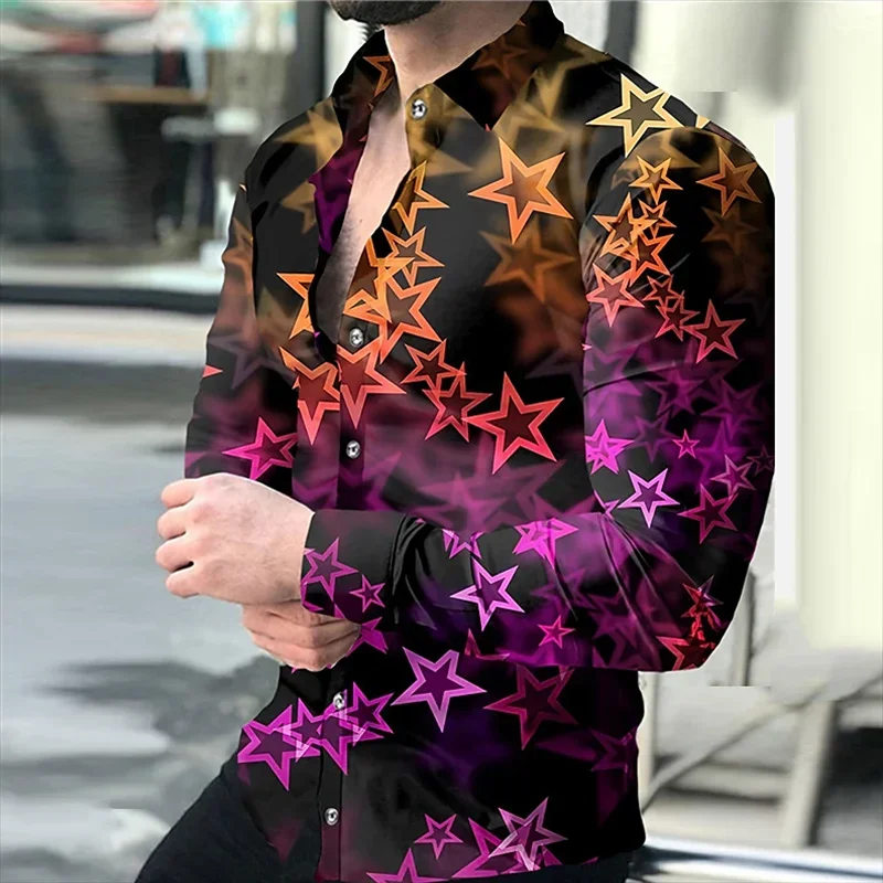 

2024 high-end shirt men's casual shirt color five-pointed star 3D printing long-sleeved shirt men's ball cardigan shirt S-6XL