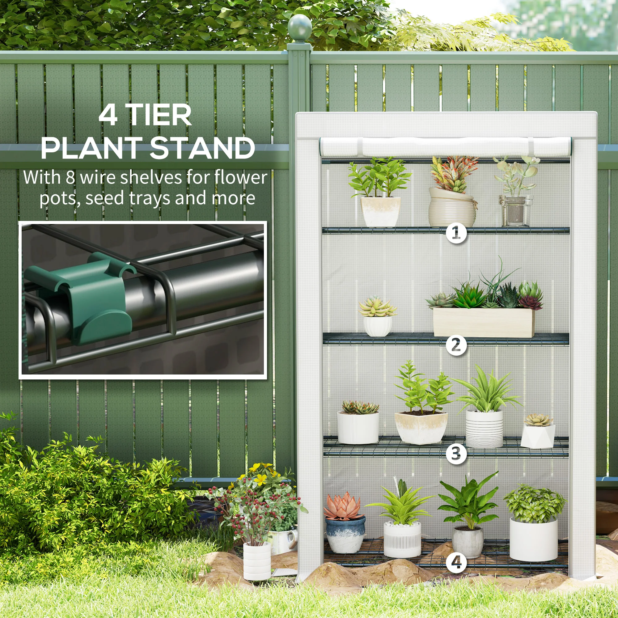 4 Tier Lean-To Mini Greenhouse with Reinforced Pe Cover, Roll-Up Door, Gray