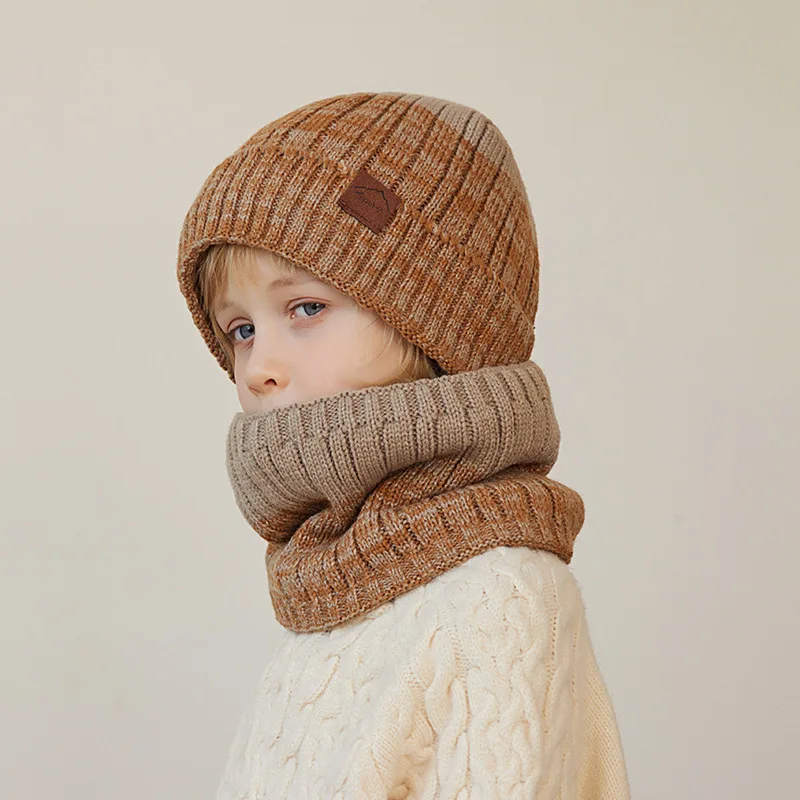 Ensemble bonnet écharpe et gants pour enfants, bonnet en fil de laine, bonnet tricoté à rayures, doublure sourire, garçons et filles, garde au