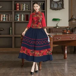 Retro China Style Women Cotton Linen Tops Skirt Set Clothing Ethnic Traditional Tang Suit Blouses Harajuku Fairy Orientale Ropa