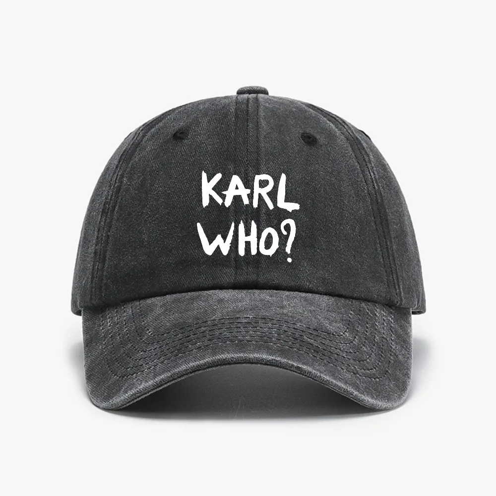 

Funny Men Women Novelty Rare KARL WHO Print Men Baseball cap fashion Vintage Washed Denim Hat summer Casual adjustable hats