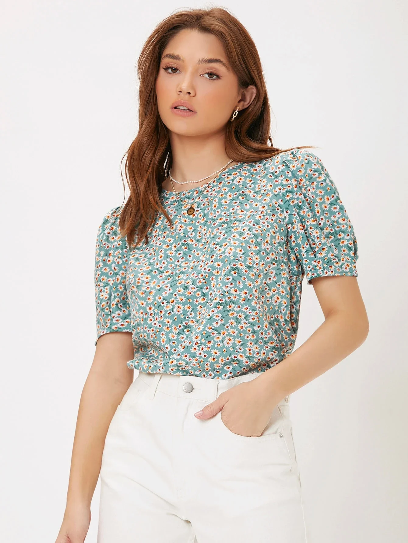 

Ditsy Floral Puff Sleeve Blouse Casual Short Sleeve Top For Women Summer
