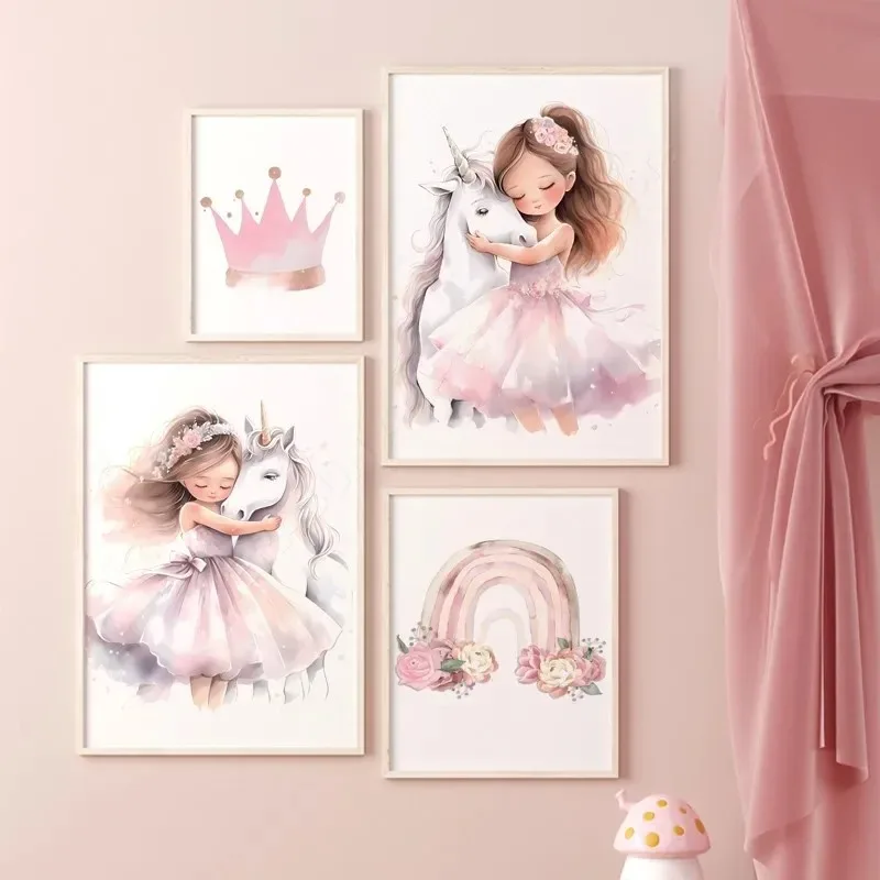 Pink Princess Rainbow Unicorn Castle Crown Custom Name Wall Art Canvas Painting Poster ＆ Print Pictures For Girl Kids Room Decor