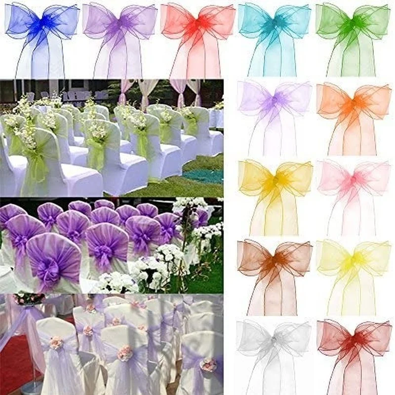 

25pcs/lot Ribbon Chair Sashes Organza Glass Yarn 18cm x 275cm Wedding Chair Decoration For Hotel Banquet Party Event Chair Decor