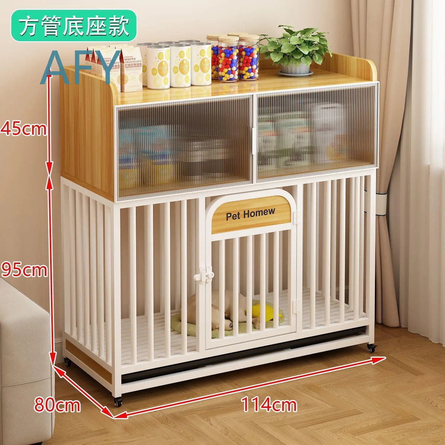 Large Medium Small Dog Crate with Toilet Compartment Storage Space Tempered Glass Panels Steel Frame Base for Dogs for Pets