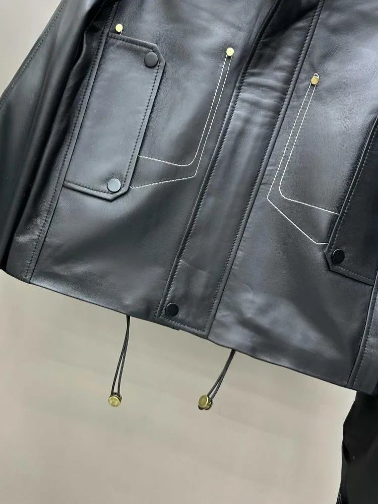 Büro Damen Echtes Leder Stehkragen Mode Jacke Einfarbig Schaffell Lange Ärmel Lose Zipper Taste Oberbekleidung