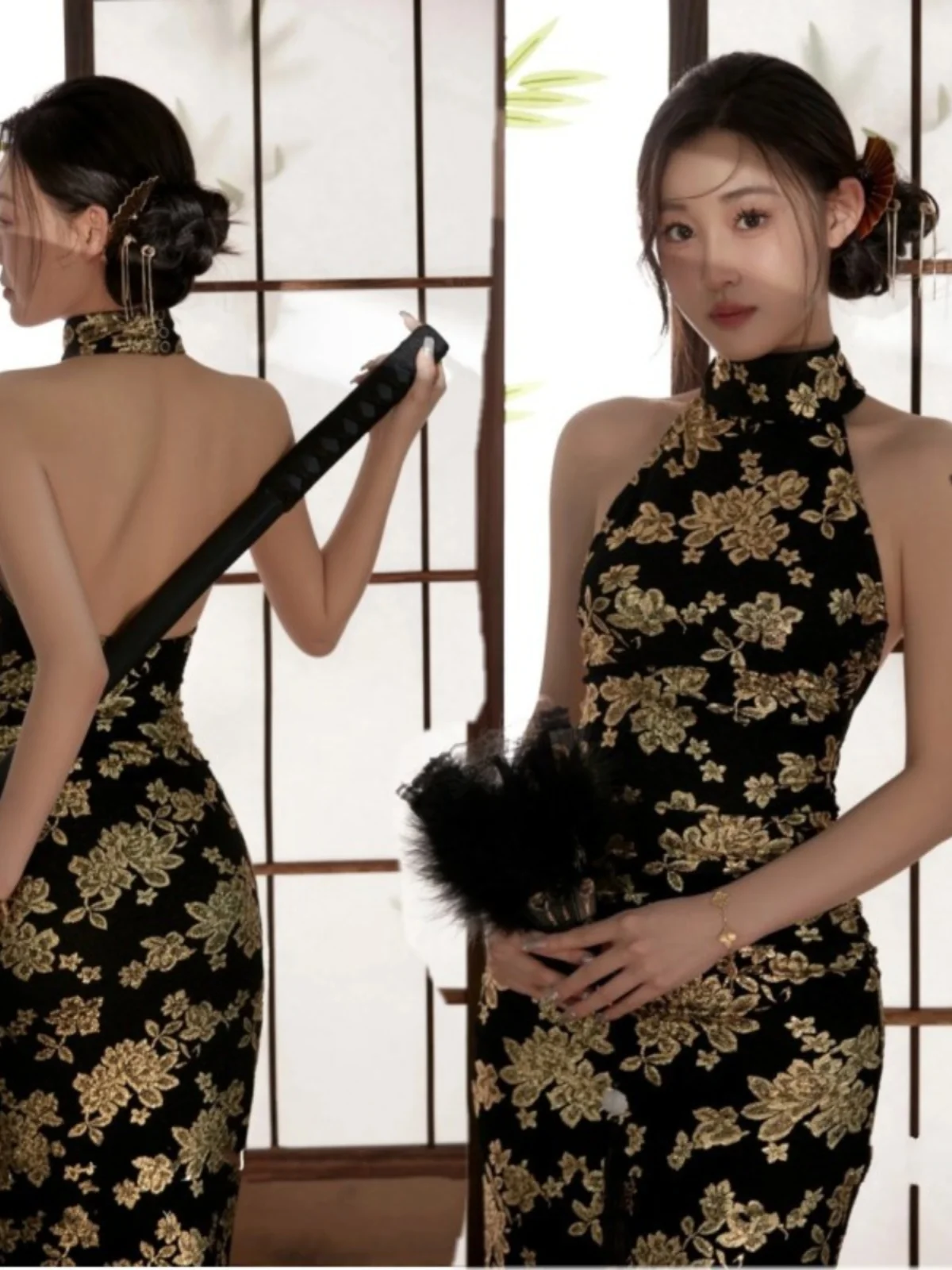 

Ретро-костюм для фотосессии в китайском стиле: тематический образ для студии, черный наряд принцессы, художественная фотография, национальный стиль, красота.