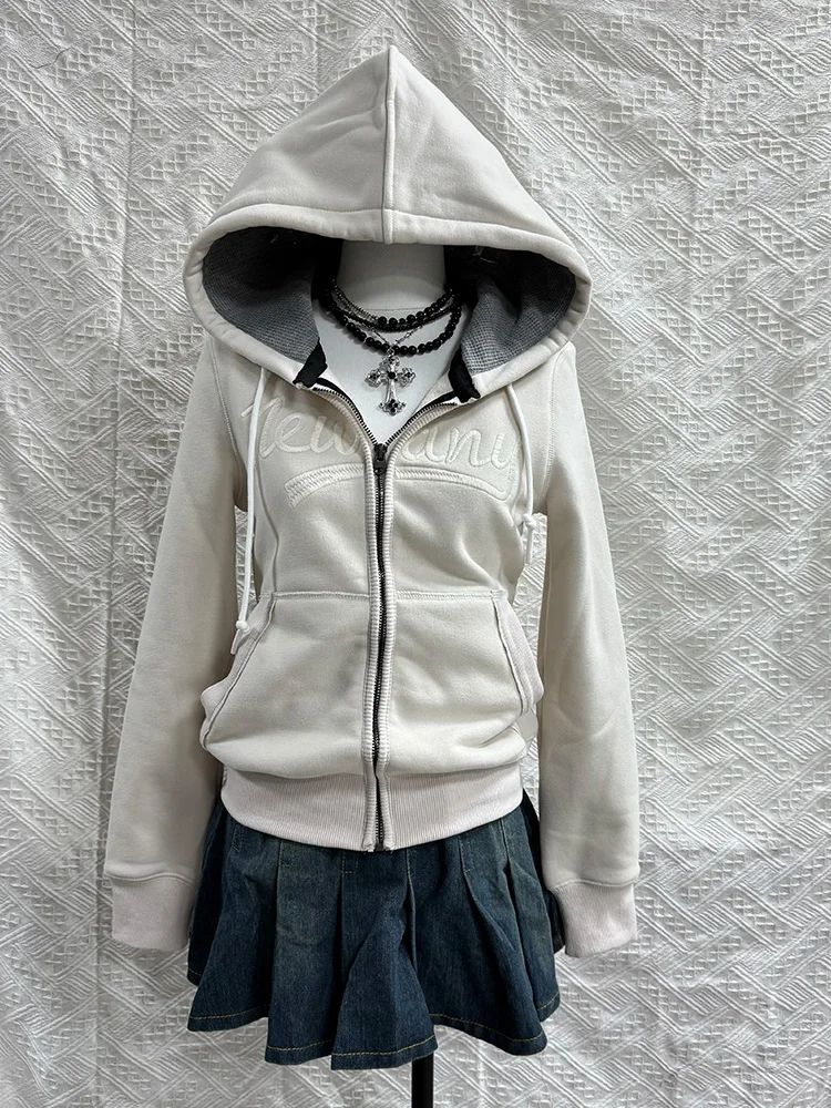 

Vintage Fce Lined Hoodie Women's Lazy Sle off White Sweatirt with Print Long Sve Zipper Closure Casual Outerwear